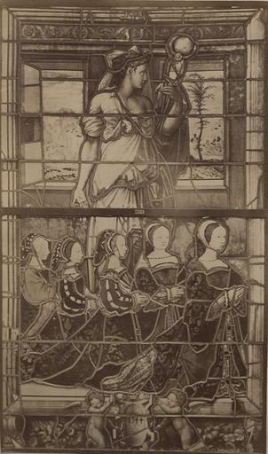Vitrail de la chapelle de Chantilly (côté sud), provenant d'Ecouen : les filles du connétable et sainte Agathe. 1544