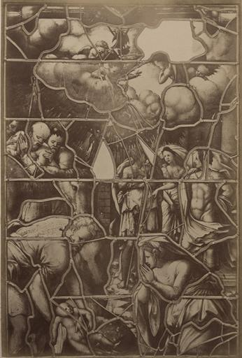 Vitrail de la chapelle de Chantilly (annexe nord), provenant de la sacristie de la chapelle d'Ecouen : Nativité (avant restauration)