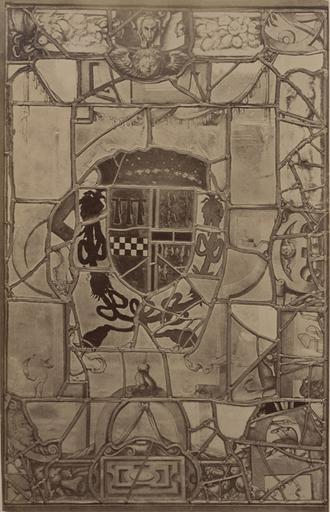 Vitrail héraldique de la Galerie Duban à Chantilly, provenant d'Ecouen : armes de Antoinette de La Marck, femme de Henri de Damville, vers 1544 (avant restauration)