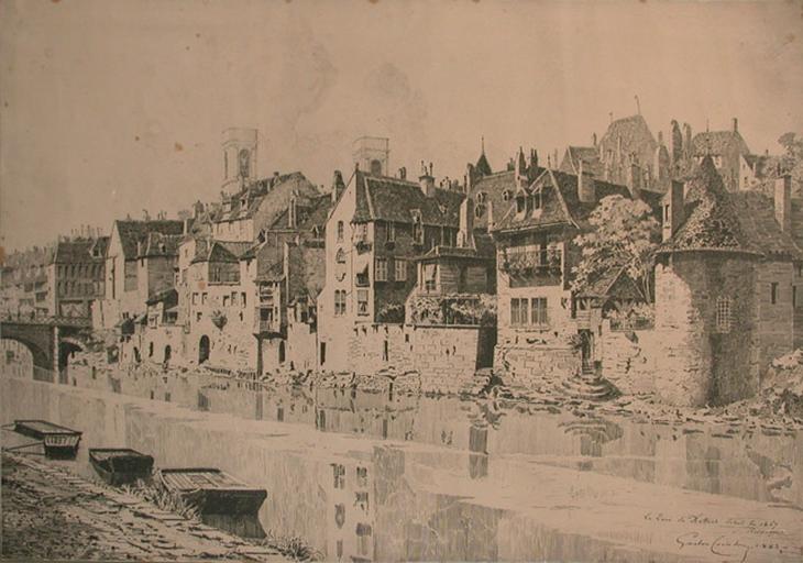 Reproduction d'après Gaston Coindre.1883 : le Quai de Battant, démoli en 1865 à Besançon