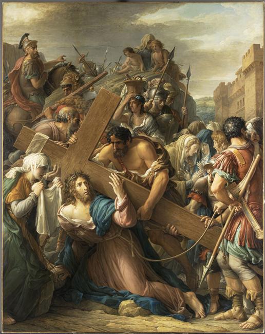 Jésus-Christ, conduit au Calvaire, tombe sous le poids de la croix