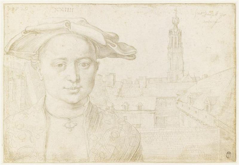 Le voyage aux Pays-Bas ; Portrait d'une personne devant l'abbaye Saint-Michel d'Anvers (recto) ; Vue de Bergen op Zoom (verso)