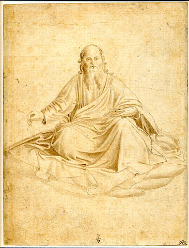 Evangéliste assis, de face, tenant un livre ouvert de la main gauche et une plume de la main droite (verso) ; Evangéliste assis de trois-quarts vers la gauche, lisant un livre qu'il tient de la main gauche, posé sur le genou droit (recto)