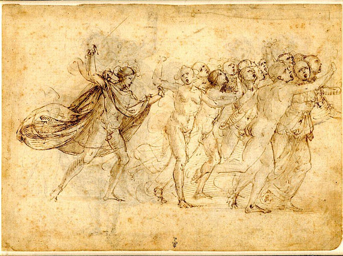 L'Archange saint Michel, muni d'une épée, chasse un groupe de personnages (recto) ; Deux personnages discutant ; saint Michel, vêtu d'une grande cape, brandissant une épée (verso)