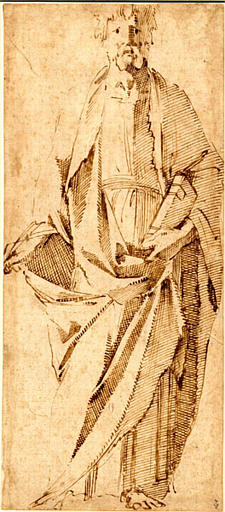 Un saint drapé, debout, de face, tenant un livre fermé dans la main gauche et une plume dans la main droite