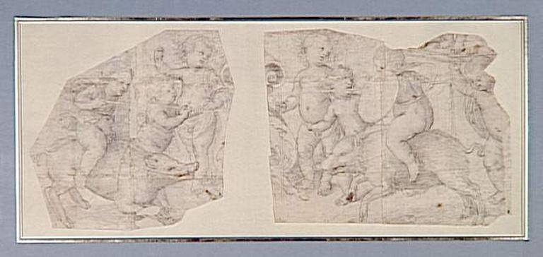 Deux enfants nus montés sur des sangliers et joutant à la lance en présence de six autres enfants nus