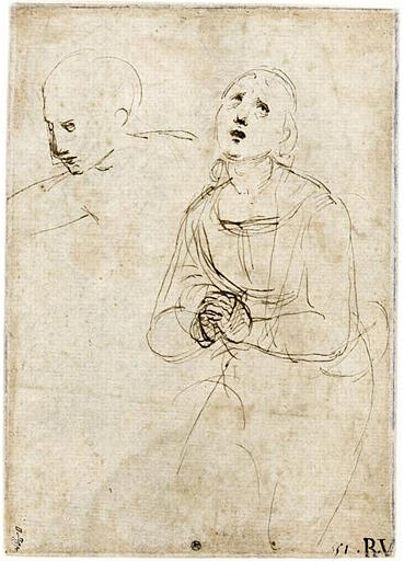 FEMME DRAPEE, AGENOUILLEE, VUE DE TROIS-QUARTS, LA TETE LEVEE ET LES MAINS JOINTES ; HOMME VU EN BUSTE, DE TROIS-QUARTS VERS LA GAUCHE, LE BRAS TENDU (RECTO) ; TETE D'HOMME, DE TROIS-QUARTS, INCLINEE VERS LA DROITE (VERSO)