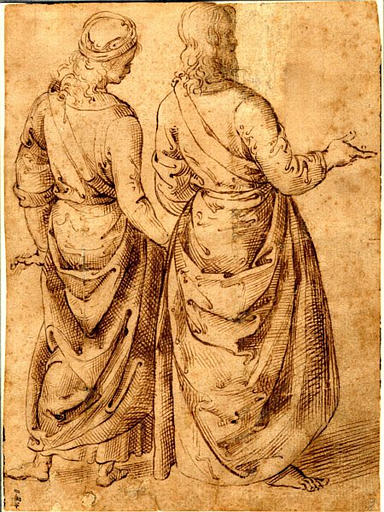 Deux hommes drapés, debout, vus de dos