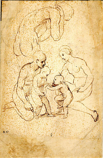 Etude de cinq figures nues pour une Vierge à l'Enfant avec le petit saint Jean tenant un phylactère, sainte Elisabeth et saint Joseph appuyé sur un bâton (recto) ; Deux études d'hommes nus, assis, de profil vers la gauche, l'un d'eux tenant un luth ; deux études d'un homme nu, vu de trois-quarts vers la droite (verso)