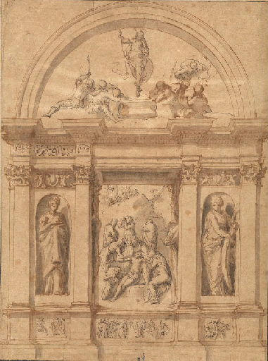 Projet pour une chapelle, avec, au retable, la Déploration sur le Christ mort entre les statues de sainte Lucie ( ?) et de sainte Catherine d'Alexandrie, et, dans la lunette, la Résurrection du Christ