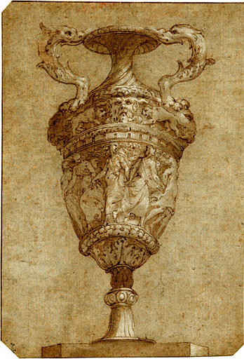 Vase à deux anses, décoré, sur la panse d'une ronde de femmes et, sur l'épaule, d'un mascaron entre deux lions