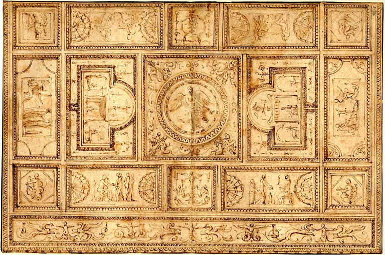 Etude de plafond, avec au centre, la Renommée et au pourtour, Apollon faisant écorcher Marsyas, Apollon devant Midas, le Jugement de Pâris et trois autres scènes non identifiées