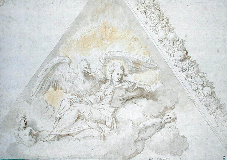 Saint Jean l'évangéliste assis sur une nuée portée par deux anges, en compagnie de l'aigle