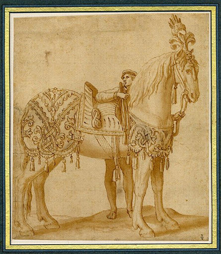 Cheval caparaçonné tenu par un page