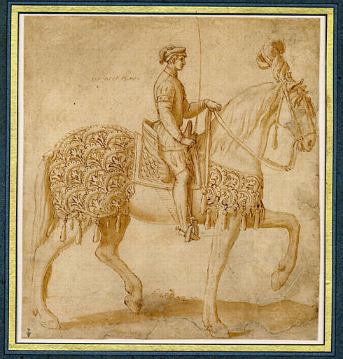 Cheval caparaçonné monté par un page