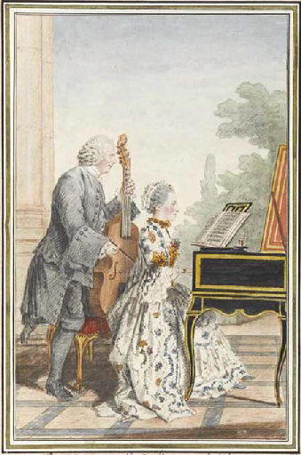 Mlle Pitoin à son piano, Mr son père l'accompagnant sur la basse