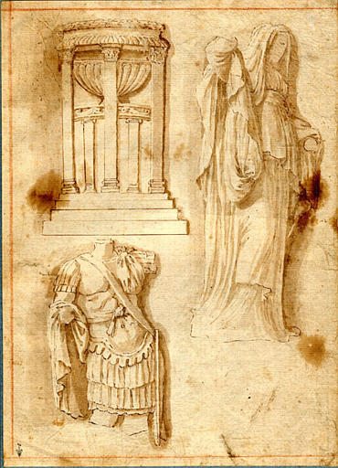 Feuille d'études d'après l'antique et d'après un gravure : bassin sacrificiel, torse cuirassé, la Religion (recto) ; Etudes de motifs décoratifs avec cartouche (verso)
