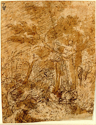 Groupe de quatre figures près d'un arbre sur lequel une femme est perchée (recto) ; Etude de femme en buste, le visage tourné vers la gauche, un enfant dans les bras (verso)
