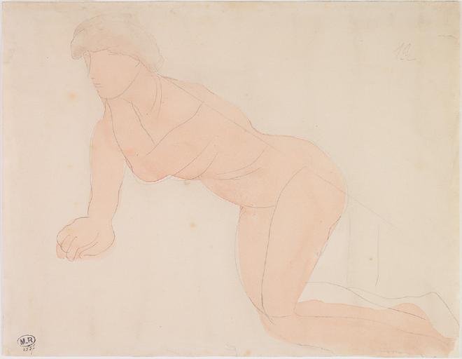 FEMME NUE DE PROFIL, AGENOUILLEE VERS LA GAUCHE, UNE MAIN AU COU