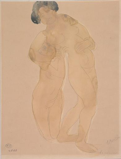 LA POMME, DEUX FEMMES NUES, L'UNE S'APPUYANT SUR L'AUTRE AGENOUILLEE