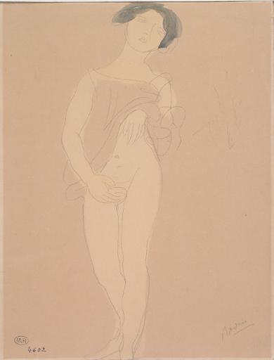 FEMME DEBOUT DE FACE, LE VETEMENT RELEVE JUSQU'A LA TAILLE