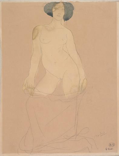 'FEMME NUE DEBOUT, TENANT A MI ; CUISSE UN VETEMENT'