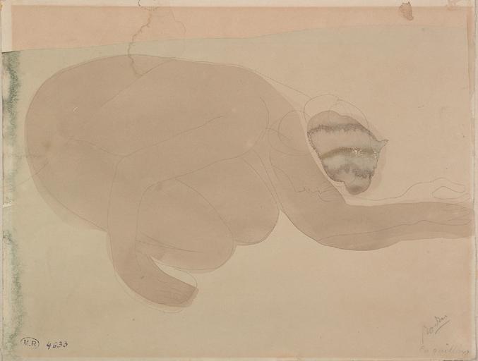 COQUILLAGE, FEMME NUE ACCROUPIE, UN BRAS TENDU VERS LA DROITE