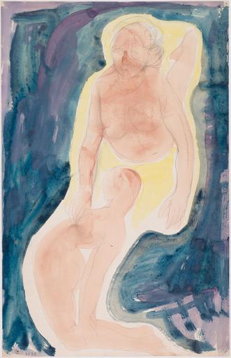 'RESURRECTIONFDEUX FEMME NUES, L'UNE ALLONGEE SUR LE VENTRE ET DRESSEE SUR LES MAINS ; L'AUTRE AGENOUILLEE ET RENVERSEE EN ARRIERE'