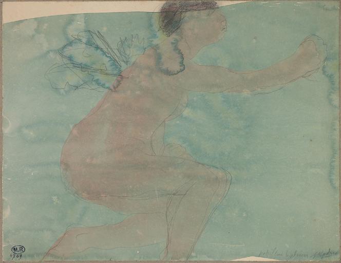 PAPILLON, FEMME NUE, DE PROFIL VERS LA DROITE, UN GENOU EN TERRE ET UN BRAS TENDU