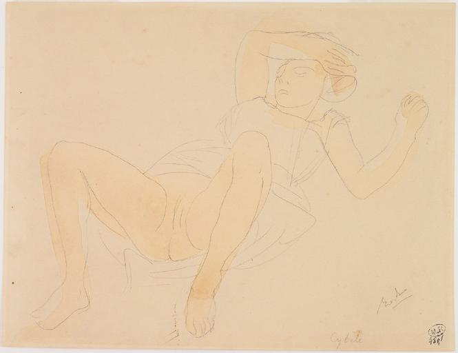 CYBELE, FEMME ALLONGEE, JAMBES REPLIEES ET LE VETEMENT RELEVE JUSQU'A LA TAILLE