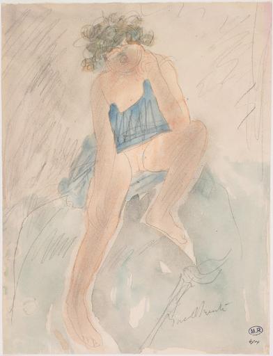 BACCHANTE, FEMME ASSISE, LE VETEMENT RELEVE JUSQU'A LA TAILLE