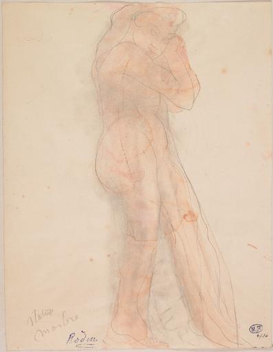 STATUE DE MARBRE, FEMME NUE DE PROFIL A DROITE, LES MAINS PRES D'UNE JOUE