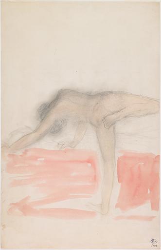 FEMME NUE DE TROIS-QUARTS, UNE JAMBE LEVEE ET REPLIEE, LE BUSTE PENCHE EN AVANT, AU VERSO, A LA MINE DE PLOMB, FEMME NUE, UNE JAMBE LEVEE