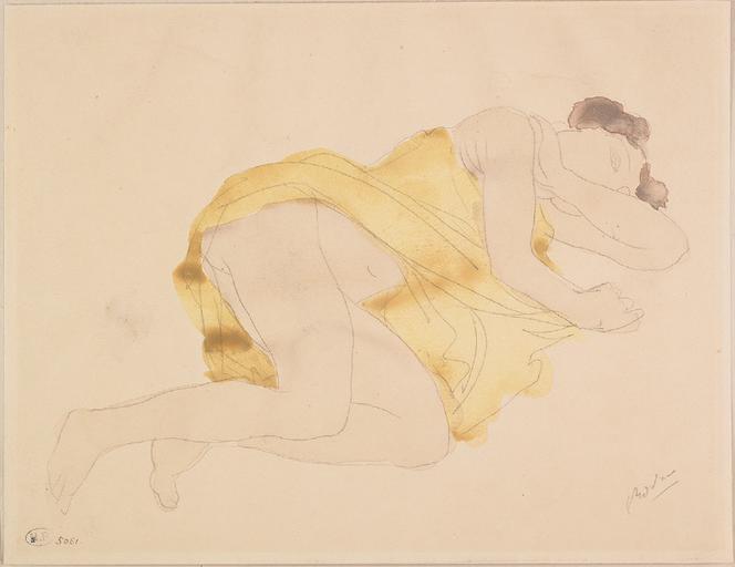 PSYCHE, FEMME ALLONGEE SUR LE COTE, LE VETEMENT RELEVE JUSQU'A LA TAILLE