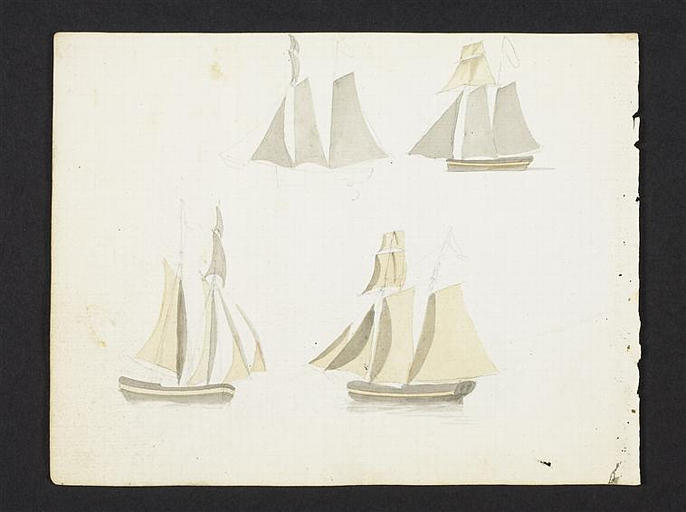 Cinq croquis de bateaux à voiles