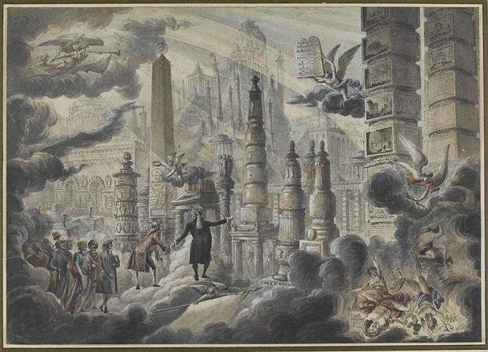 BAILLY CONDUIT VOLTAIRE ET AUTRES PRECURSEURS DE LA REVOLUTION FRANÇAISE VERS LA CITE FUTURE OU SE VOIENT LE TEMPLE DE FRANKLIN ET DE MIRABEAU, L'OBELISQUE DE LOUIS XVI, DE LA FAYETTE ET BAILLY ET UN GRAND NOMBRE DE SINGULIERS MONUMENTS COMMEMORATIFS DES HOMMES ET DES ACTES DE LA REVOLUTION FRANÇAISE
