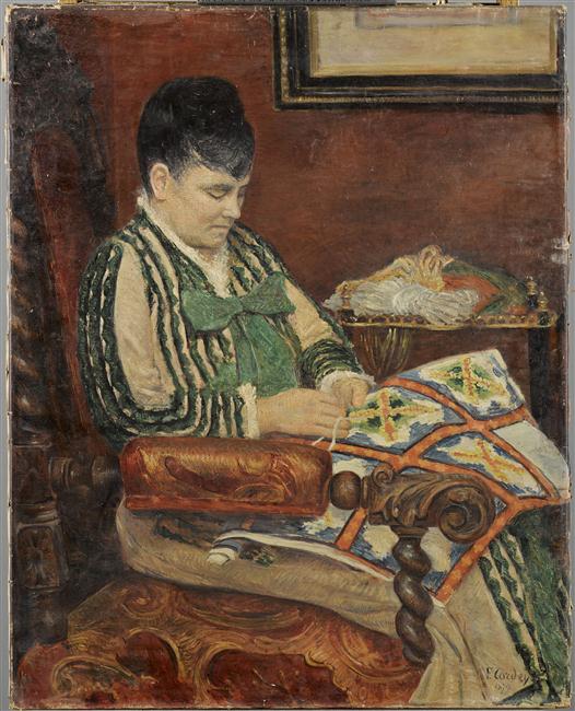 Madame Cordey faisant de la tapisserie