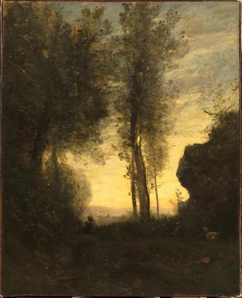 Chevrier assis, jouant de la flûte dans une clairière