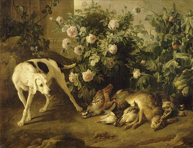 CHIEN GARDANT DU GIBIER AUPRES D'UN BUISSON DE ROSES