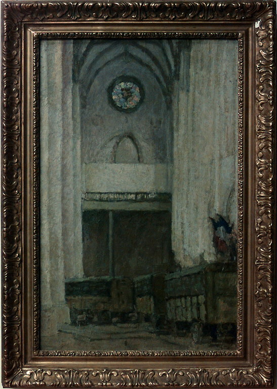 Vue intérieure de l'église des Jacobins de Toulouse, en 1918, avec les voitures contenant les tableaux évacués du Louvre