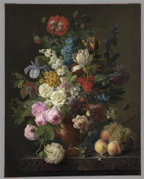 VASE DE FLEURS, RAISINS ET PECHES