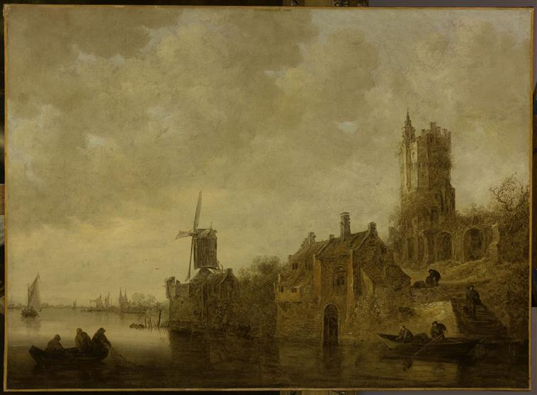 PAYSAGE FLUVIAL AVEC MOULIN ET CHATEAU EN RUINES