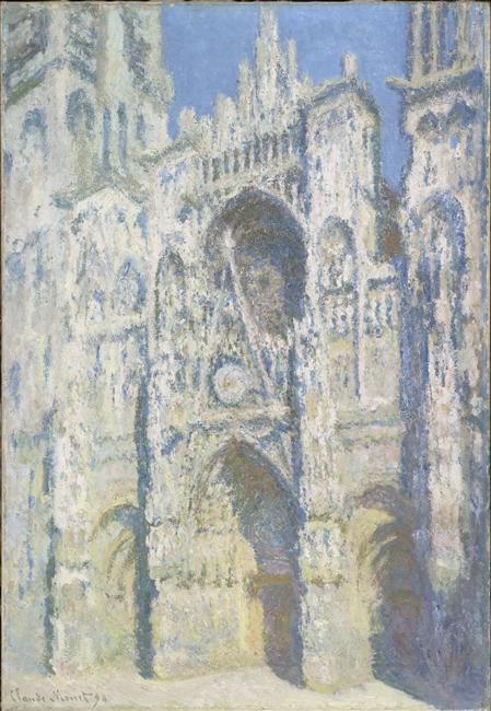 La cathédrale de Rouen ; le portail et la tour Saint Romain ; plein soleil ; harmonie bleue et or