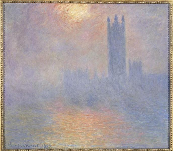 Londres ; le parlement ; trouée de soleil dans le brouillard