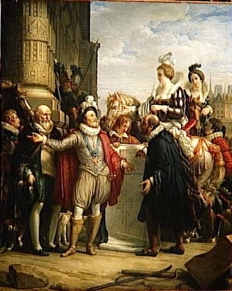 Les plans du Louvre déployés devant Henri IV par son architecte, vers 1609 ; Henri IV fait construire les galeries du Louvre (autre titre)