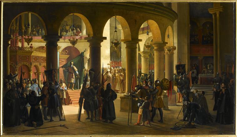 GODEFROY DE BOUILLON DEPOSE DANS L'EGLISE DU SAINT-SEPULCRE LES TROPHEES D'ASCALON. AOUT 1099