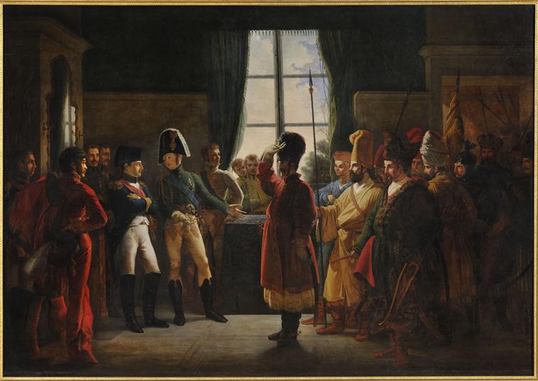 ALEXANDRE 1ER PRESENTE A NAPOLEON LES KALMOUCKS, LES COSAQUES ET LES BASKIRS DE L'ARMEE RUSSE. 9 JUILLET 1807