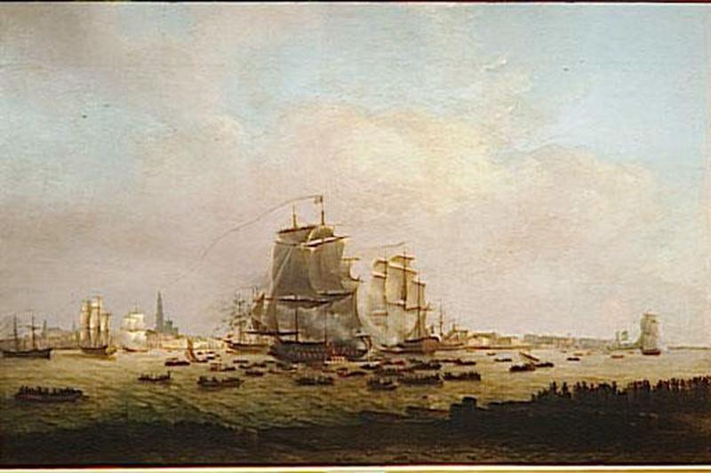 NAPOLEON ET MARIE-LOUISE VISITENT L'ESCADRE MOUILLEE DANS L'ESCAUT DEVANT ANVERS.1ER MAI 1810