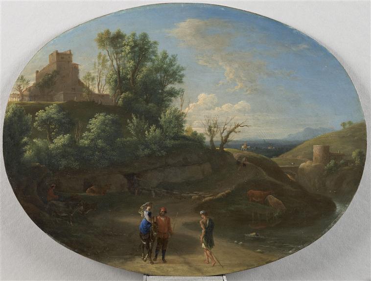 PAYSAGE AVEC DEUX PATRES ET UNE FEMME SUR UN ANE