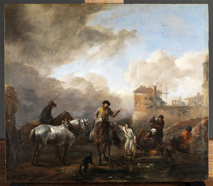 ATTELAGE ET PAYSANS SUR LE BORD D'UNE RIVIERE